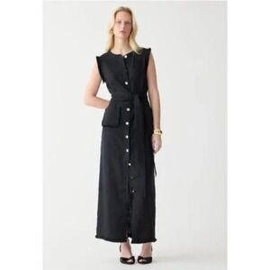 J Crew Black Raw Hem Linen Button Front Belted Maxi Shirtdress Sz XL: Preppy